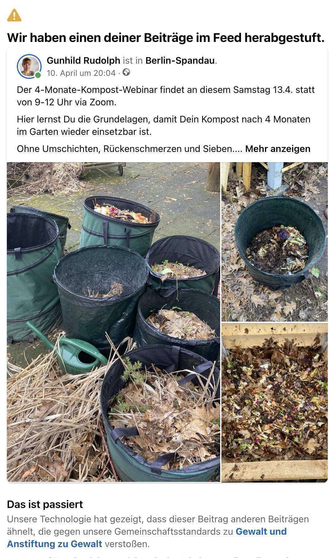 Facebook stuft Kompostworkshop als Gewaltanstiftend ein.