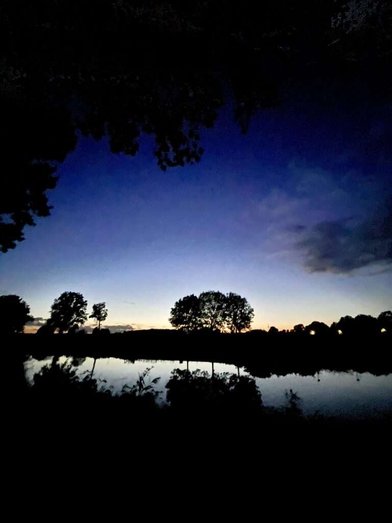 Kanal und Bäume vor letztem Sonnenuntergang