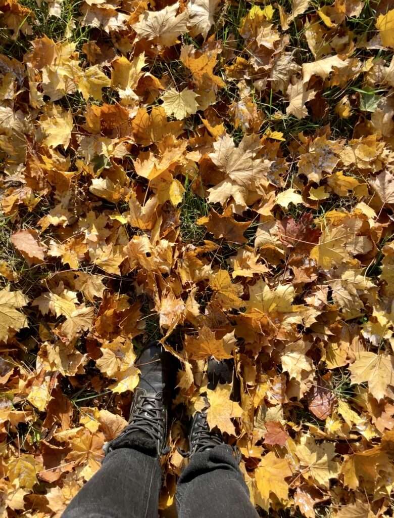 Gunhild Rudolph steht mit schwarzen Stiefeln im goldenen Herbstlaub