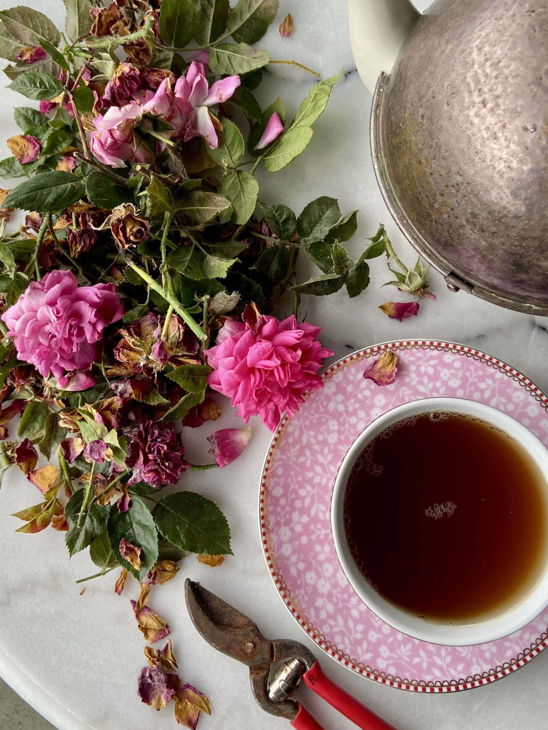 Marmortisch mit Telannne, Tasse, Roseschere und Rosen