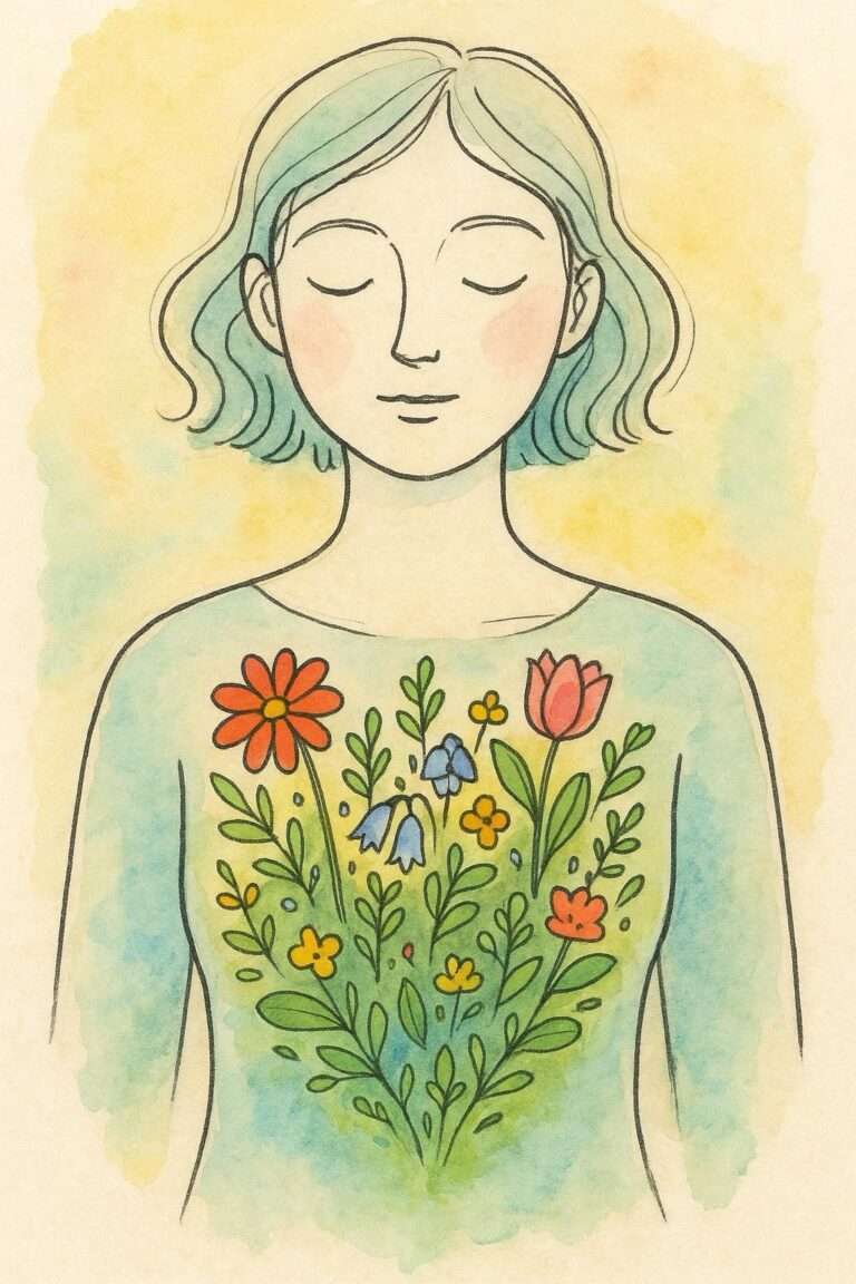Illustration einer Frau mit Blumen und Blättern auf Körper und Haar.