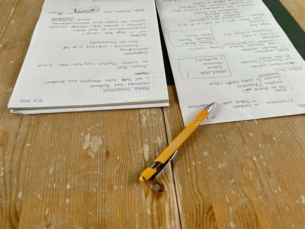 Handschriftlich beschriebene Blätter mit einem Bleistift auf einem Holztisch.