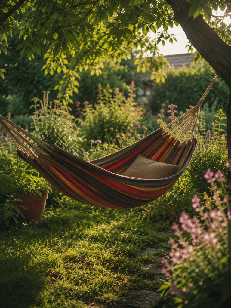 Eine Hängematte hängt zwischen üppigem Grün in einem sommerlichen Garten.